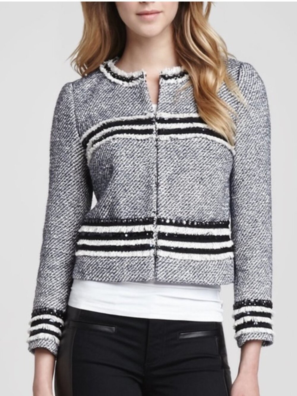 Tory Burch Rosemary Navy White Tweed Beaded Fringe Trim Jacket 10 Like New